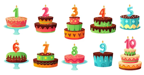 Dibujos animados pastel de cumpleaños números vela. Aniversario velas, fiesta celebración pasteles vector ilustración conjunto — Vector de stock