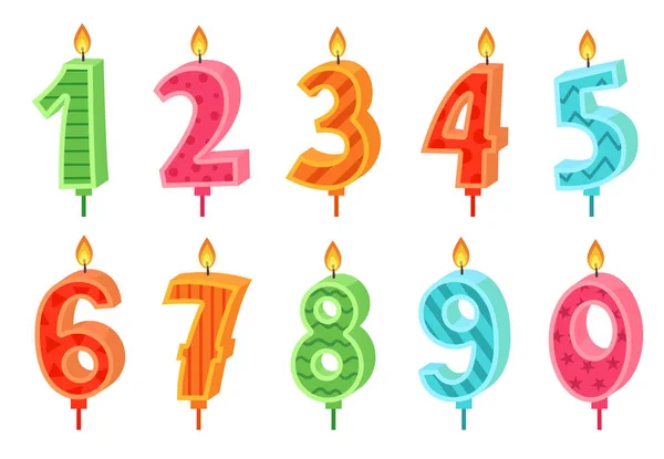 漫画の記念日番号キャンドル。ライト、誕生日番号とパーティーキャンドルベクトルセットを燃やすお祝いケーキキャンドル — ストックベクタ