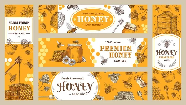 Banner de miel. Dulces saludables, abejas naturales olla de miel y productos de granja de abejas banderas colección de vectores — Vector de stock