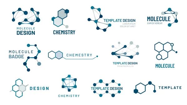 Hexagonal molecule badge. Molecular structure logo, molecular grids and chemistry hexagon molecules templates vector set — Stock Vector