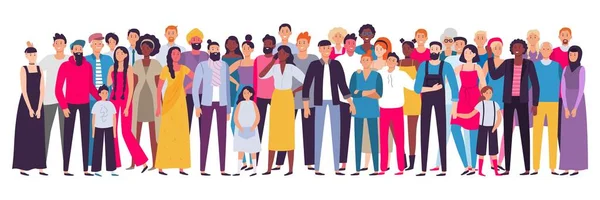 Multiethnic group of people. Society, multicultural community portrait and citizens. Young, adult and elder people vector illustration — Stock Vector
