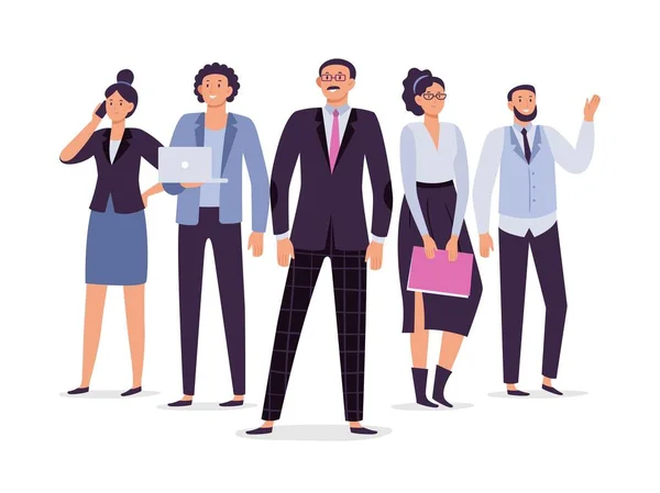 Equipo de empleados empresariales. Liderazgo de trabajo en equipo, empleado ejecutivo de éxito e ilustración de vectores de grupo de personas de oficina — Vector de stock