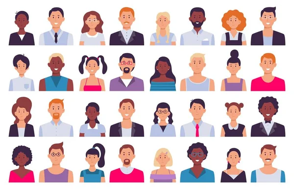 Yetişkin insanlar avatarlar. İş elbisesi içinde adam, kurumsal kadın avatar ve profesyonel kişi simgesi düz vektör illüstrasyon seti