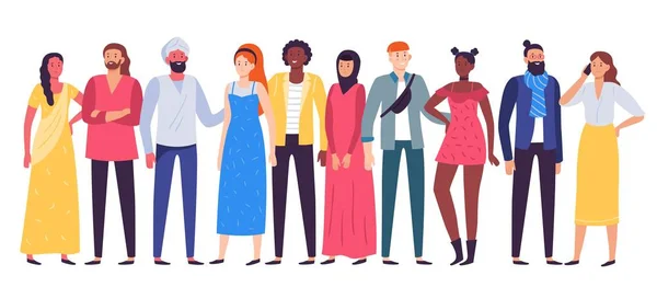 Grupo multiétnico de personas. Equipo de trabajadores, diversas personas de pie juntos y compañeros de trabajo en traje casual ilustración vectorial plana — Archivo Imágenes Vectoriales