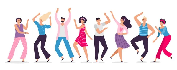 Happy dancing people. Friends dance, club female and male dancers flat vector illustration — Stock Vector