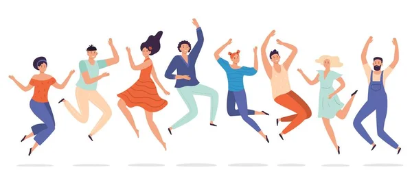 Young people jump. Jumping teenagers group, happy teen laughing students and smiling excited people flat vector illustration