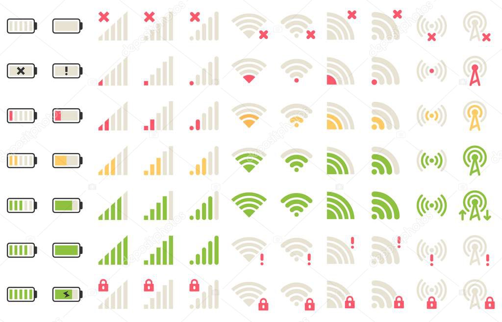 Mobile level icons. Network signal, wifi connection and battery levels icon. Gadgets batteries, phone signals pictogram vector set