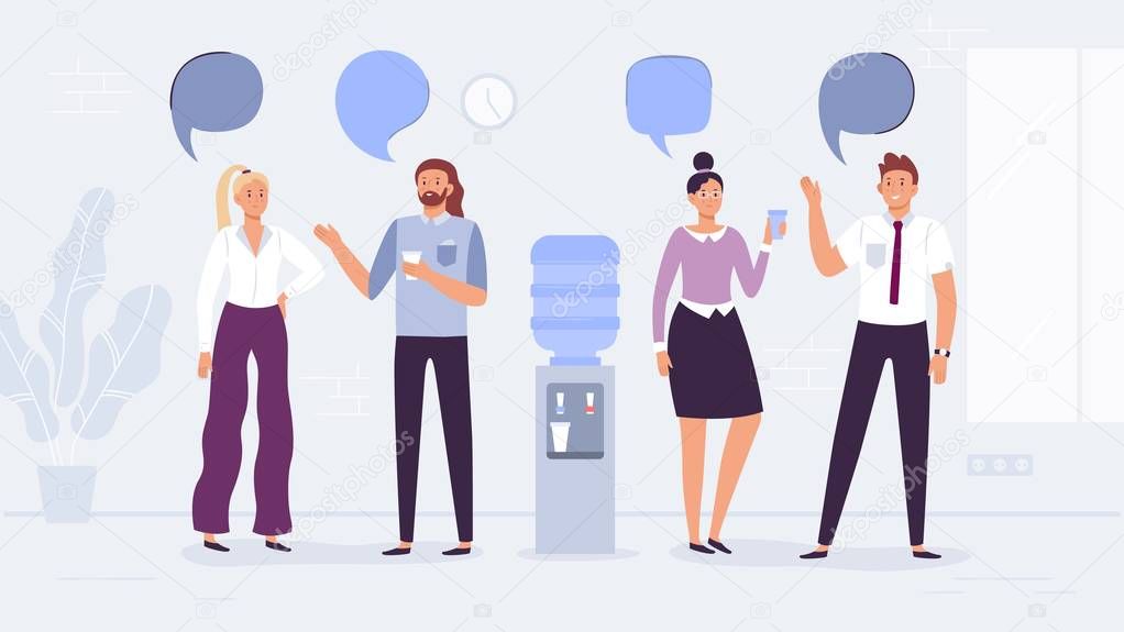 Water cooler talk. Office workers conversation, people drink water and talking with speech bubbles vector illustration