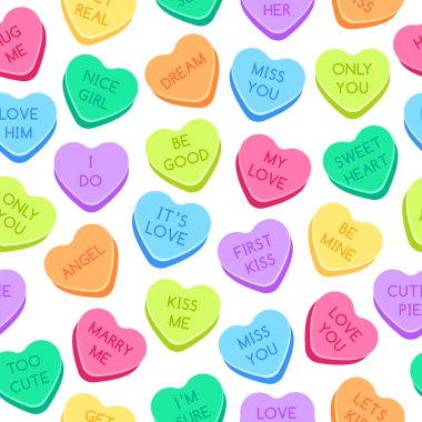 Tatlı kalp şekerler deseni. Renkli valentines kalpler, aşk konuşma şekerler ve tatlım şeker Dikişsiz vektör illüstrasyon