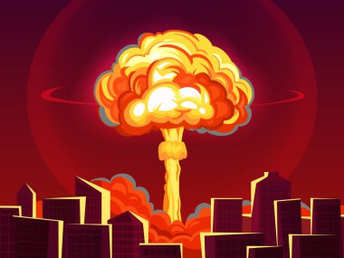 Şehirde nükleer patlama var. Atom bombalama, bomba patlama ateşli mantar bulutu ve savaş imha karikatür vektör illüstrasyon