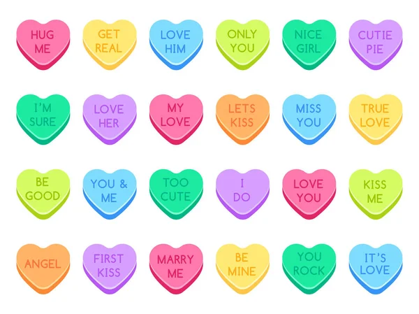 Dulces de corazón. Dulces de corazón dulces, dulces San Valentín y conversación amor corazones caramelos plana vector ilustración conjunto — Archivo Imágenes Vectoriales