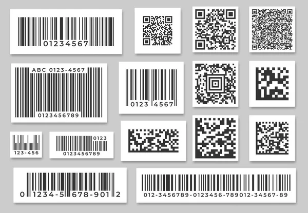 Barcode labels. Code stripes sticker, digital bar label and retail pricing bars labeling stickers. Industrial barcodes vector set — Stock Vector