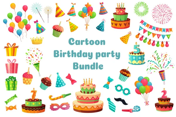 Paquete de fiesta de cumpleaños de dibujos animados. Dulce celebración cupcakes, globos de colores y regalos de cumpleaños vector ilustración conjunto — Archivo Imágenes Vectoriales