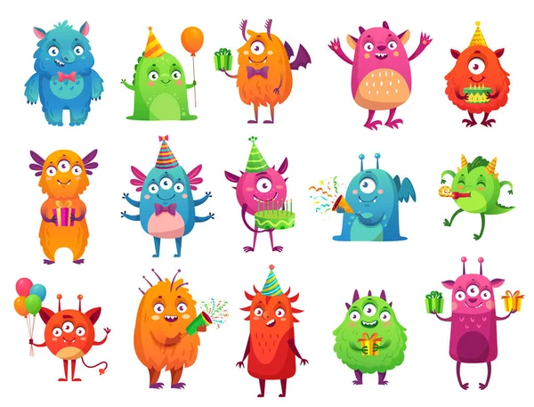 Cartoon-Party-Monster. niedlichen Monster Happy Birthday Geschenke, lustige Alien-Maskottchen und Monster mit Grußkuchen Vektor Illustrations-Set — Stockvektor