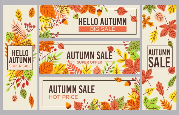 Banderas de venta de otoño. Banner de promoción de ventas de temporada de otoño, descuento de temporadas y cartel otoñal con conjunto de vectores de hojas caídas — Vector de stock