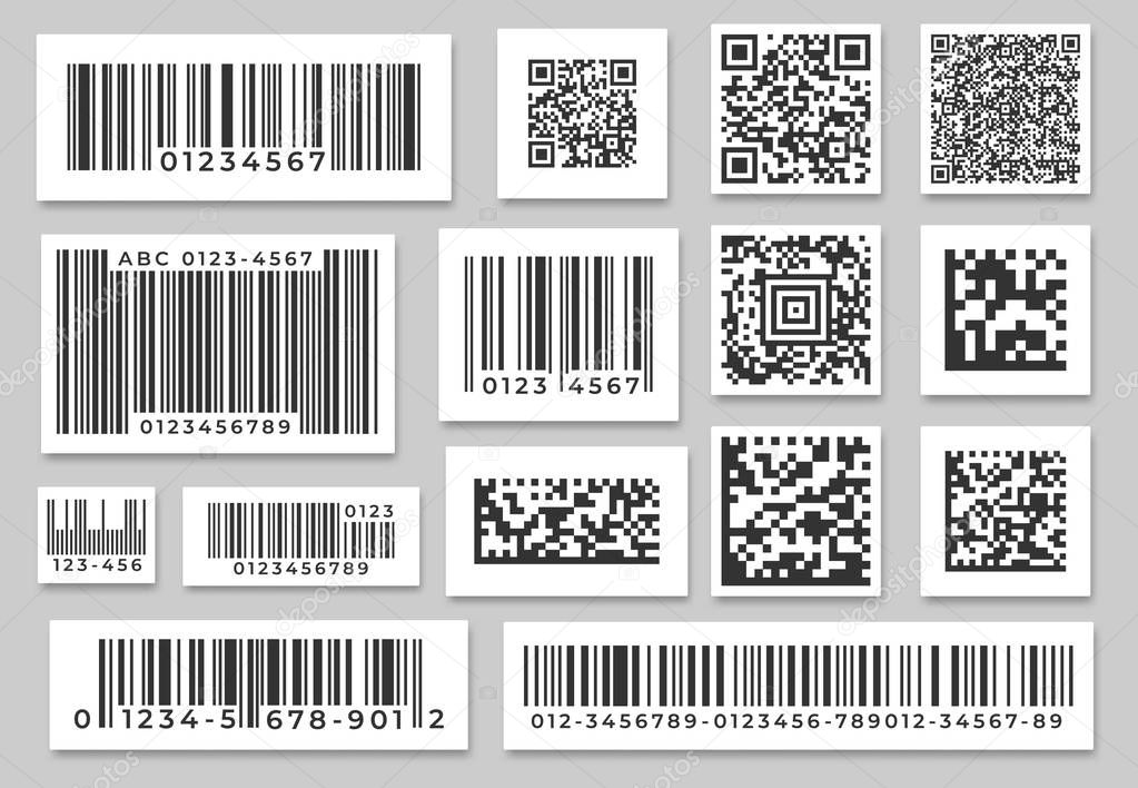 Barcode labels. Code stripes sticker, digital bar label and retail pricing bars labeling stickers. Industrial barcodes vector set