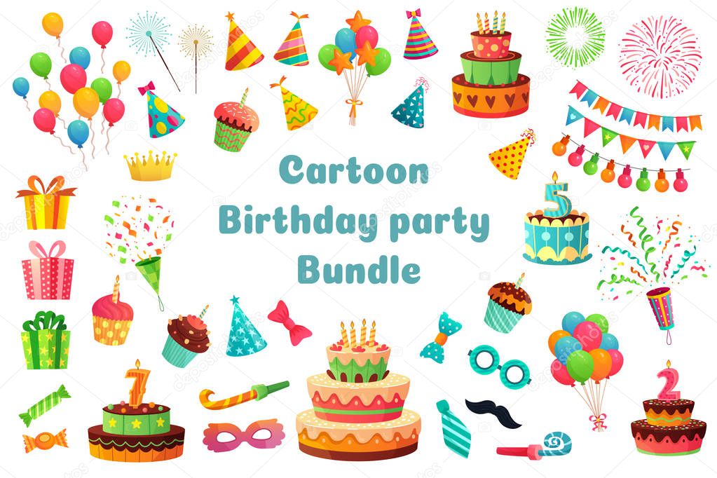 Cartoon birthday party bundle. Sweet celebration cupcakes, colorful balloons and birthday gifts vector illustration set