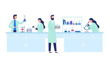 Bilimsel araştırma. Laboratuvar önlükleri, bilim araştırmaları ve kimyasal laboratuvar deneyleri vektör illüstrasyon giyen bilim adamları