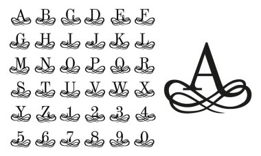 Tellige monogram harfler. Vintage logo harf, dekorasyon süs numaraları ve süs bukleler alfabe vektör illüstrasyon seti