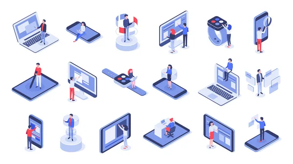 Interface isométrica do usuário. Escritório on-line, interações de dispositivos e interfaces móveis de toque conjunto vetorial 3d — Vetor de Stock