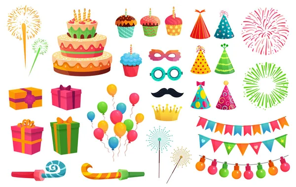 Kit de fiesta de dibujos animados. Fuegos artificiales cohetes, globos de colores y regalos de cumpleaños. Carnaval máscaras y dulces cupcakes vector conjunto de ilustración — Vector de stock