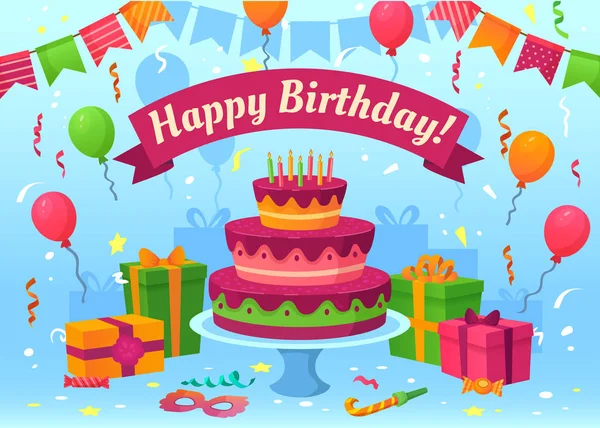 Desene animate Happy birthday card. Cadouri de sărbătoare, steaguri și baloane de ziua de naștere. Flying confetti felicitări vector ilustrare — Vector de stoc