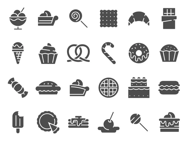 Ikona s moučníky. Sladké koláče, Moučková zmrzlina a vektorové symboly čokoládových koláčů nastavené — Stockový vektor