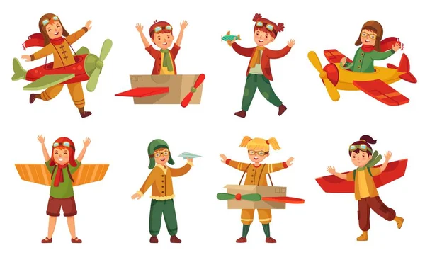 Niños con trajes de piloto. alas de avión de juguete de papel, adorables niños juegan con juguetes de aviones y juegos de vectores de modelado de aviones infantiles — Archivo Imágenes Vectoriales