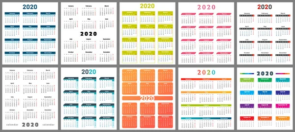 日历 2020.挂图日历、周开始网格和年份日期模板矢量插图集 — 图库矢量图片