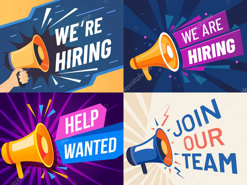 Now hiring banner. We are hiring, join our team and vacancy announcement flyer template vector set