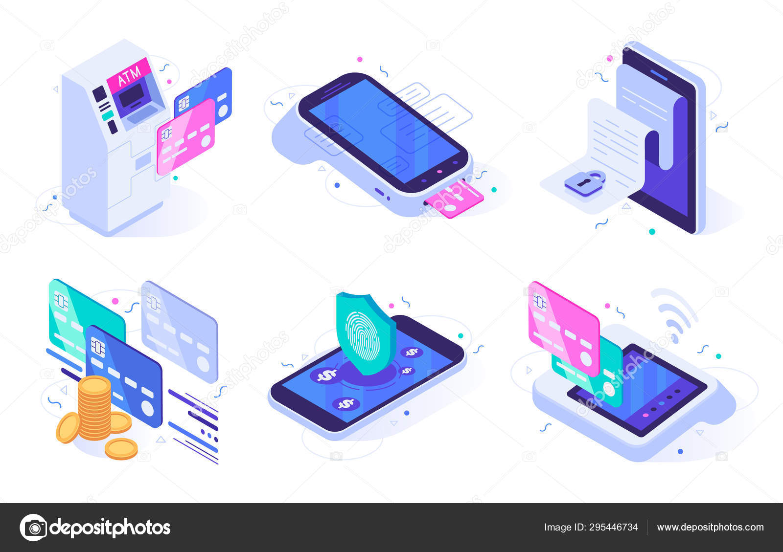 아이소메트릭 온라인 결제. 전자 금융 청구서, 금융 지불 보안 및 디지털 구매 벡터 일러스트 세트 스톡 벡터 -  ©tartila.stock.gmail.com 295446734