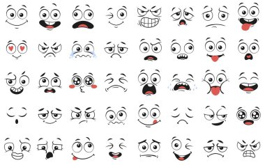 Çizgi film yüzleri. Anlamlı gözler ve ağız, gülümseyen, ağlayan ve şaşırmış karakter yüz ifadeleri vektör illüstrasyon seti