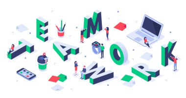 Isometrik takım çalışması yazı. Yaratıcı ekip, iş adamları ortaklığı ve birlikte çalışan başarılı insanlar vektör illüstrasyon