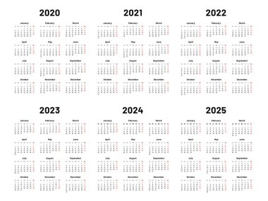 Takvim ızgarası. 2020 2021 ve 2022 yıllık takvimleri. 2023, 2024 yıl organizatör ve 2025 yıl hafta içi vektör illüstrasyon seti
