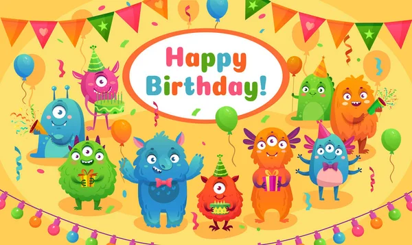 Buon compleanno mostri. Festa di compleanno dei bambini simpatica mascotte mostro, mostri anniversario biglietto di auguri illustrazione vettoriale cartone animato — Vettoriale Stock