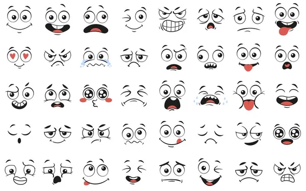 Caras de dibujos animados. Ojos y boca expresivos, sonriendo, llorando y sorprendido personaje expresiones cara vector ilustración conjunto — Vector de stock