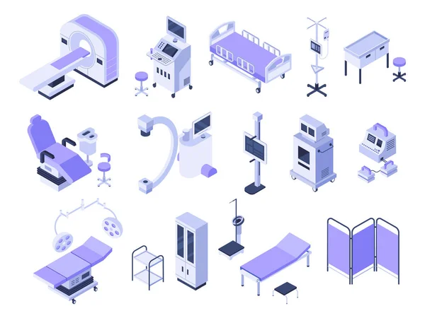 Ισομετρικό νοσοκομειακό εργαλείο. Ιατρικός διαγνωστικός εξοπλισμός, παρακολούθηση υγειονομικής περίθαλψης και διαγνωστικός έλεγχος πληροφορικής 3D σύνολο διανύσματος — Διανυσματικό Αρχείο