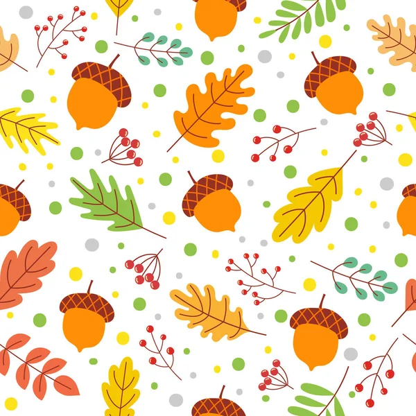 Patrón de hojas de otoño sin costura. Colores de la temporada de otoño, hoja amarilla caída e ilustración vectorial bellotas otoñales — Vector de stock