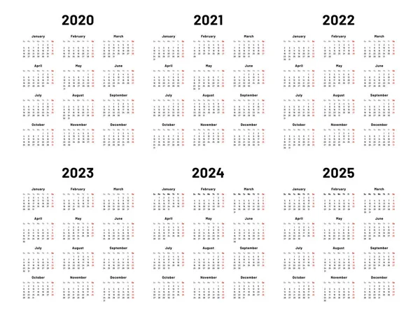 Takvim ızgarası. 2020 2021 ve 2022 yıllık takvimleri. 2023, 2024 yıl organizatör ve 2025 yıl hafta içi vektör illüstrasyon seti