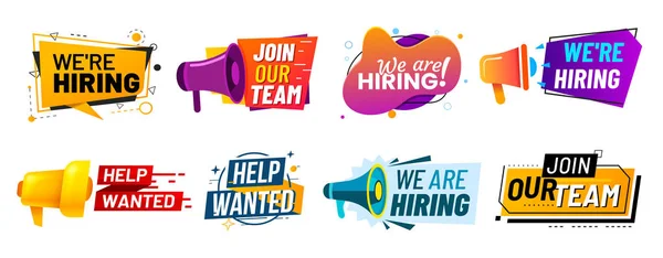 Join our team banners. We are hiring communication poster, help wanted advertising banner with speaker and vacant badge vector set — Stock Vector