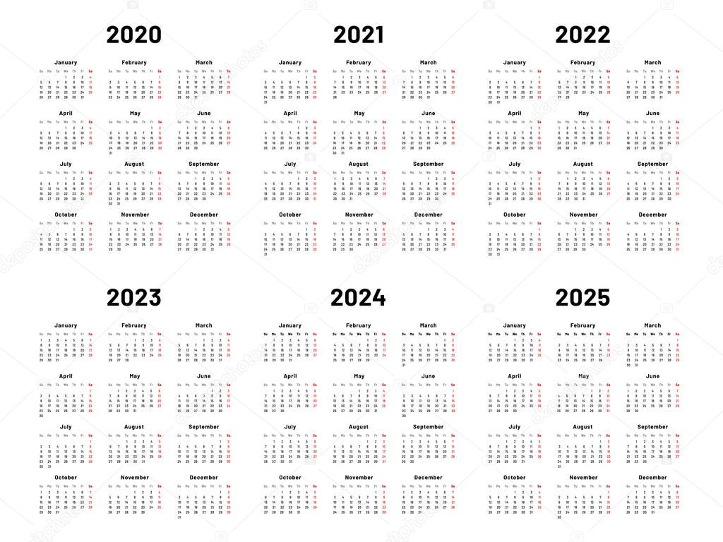 Bvsd 2023 24 Calendar ✓ Calendar Grid. 2020 2021 And 2022 Yearly Calendars. 2023, 2024 Years  Organizer And 2025 Year Weekdays. Business Planner, Day Graphic Planning  Calendar Isolated Vector Illustration Set Premium Vector In Adobe  Illustrator