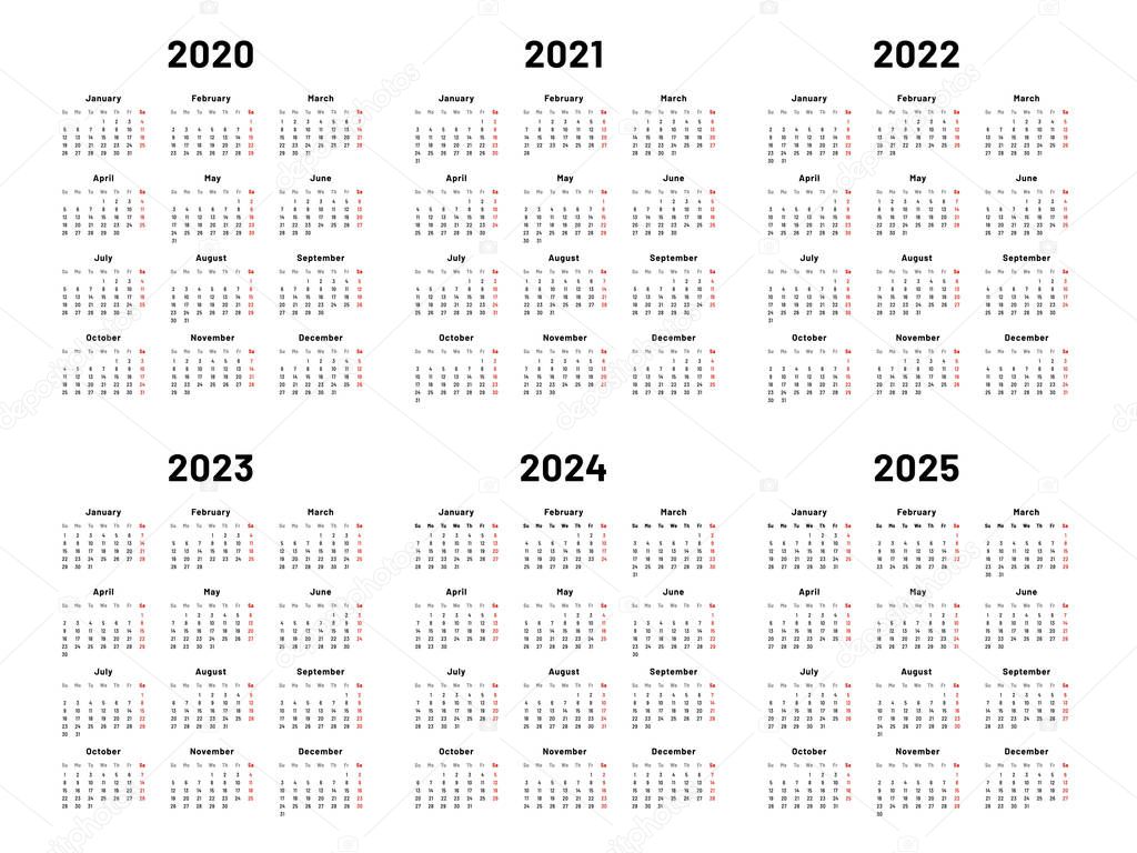 Calendar grid. 2020 2021 and 2022 yearly calendars. 2023, 2024 years organizer and 2025 year weekdays vector illustration set