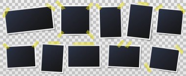 Yapışkan bantüzerinde fotoğraf çerçevesi. Yapışkan bantlar, resim çerçeveleri ve vintage fotoğraf duvarı şablonu vektör illüstrasyon fotoğrafları
