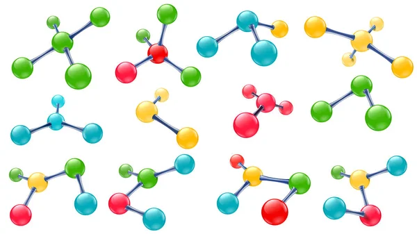 Science Lab moleculen. Vitamine molecuul, chemische moleculaire structuur en kleur moleculen modellen 3D vector set — Stockvector