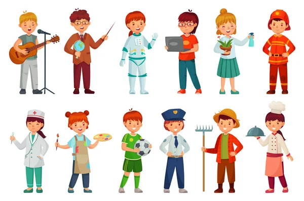 Niños trabajadores. Infantil uniforme profesional, policía niño y bebé trabajo profesiones dibujos animados vector conjunto — Archivo Imágenes Vectoriales