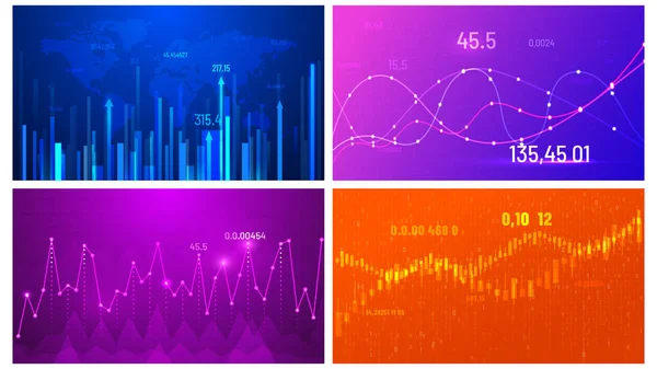 Gráfico de crecimiento empresarial. Pantalla de tendencia financiera, gráfico de inversión y gráficos de pantalla ancha de datos abstractos conjunto de ilustración de vector de fondo — Archivo Imágenes Vectoriales