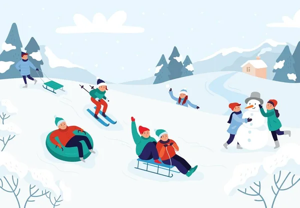 Miúdos a andar de trenó. Neve paisagem, inverno neve diversão atividades vetor ilustração — Vetor de Stock