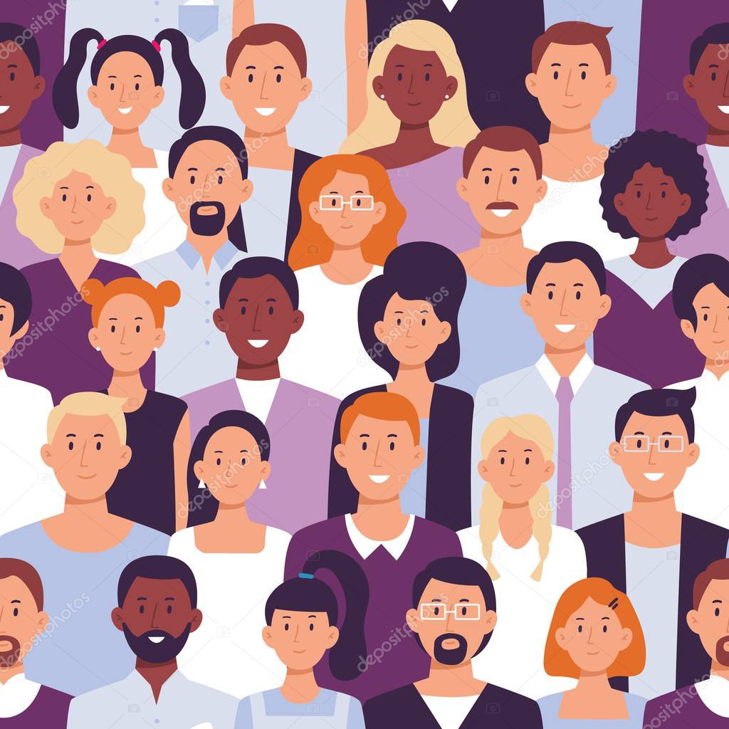 Business people crowd pattern. Office employees, workers team portrait and colleagues standing together seamless vector illustration