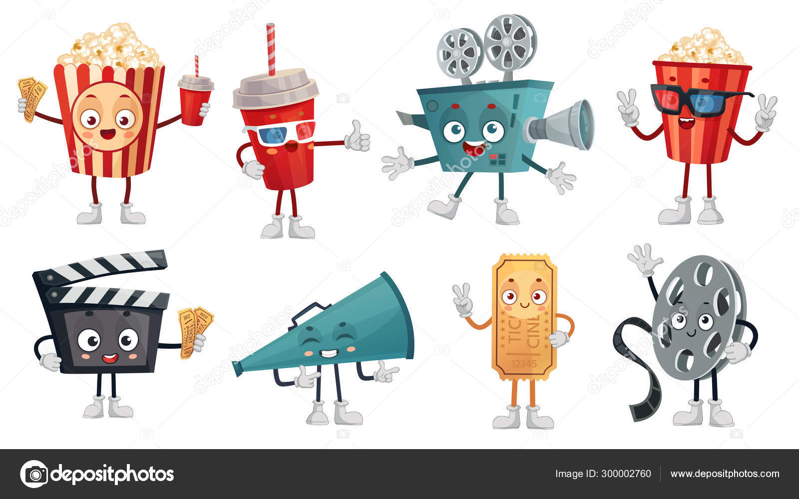 Cartoon cinema mascot. Popcorn in 3D glasses, funny movie film camera and cinemas tickets characters vector illustration set Stock Vector Image by ©.com #300002760 Cartoon cinema mascot. Popcorn in 3D glasses, funny movie film camera and cinemas tickets characters vector illustration set Stock Vector Image by ©.com #300002760