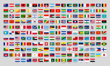 Dünya ulusal bayrakları. Resmi ülke işaretleri, Avrupa amblemleri, Asya ve Amerika ülkeleri bayrak düz vektör seti